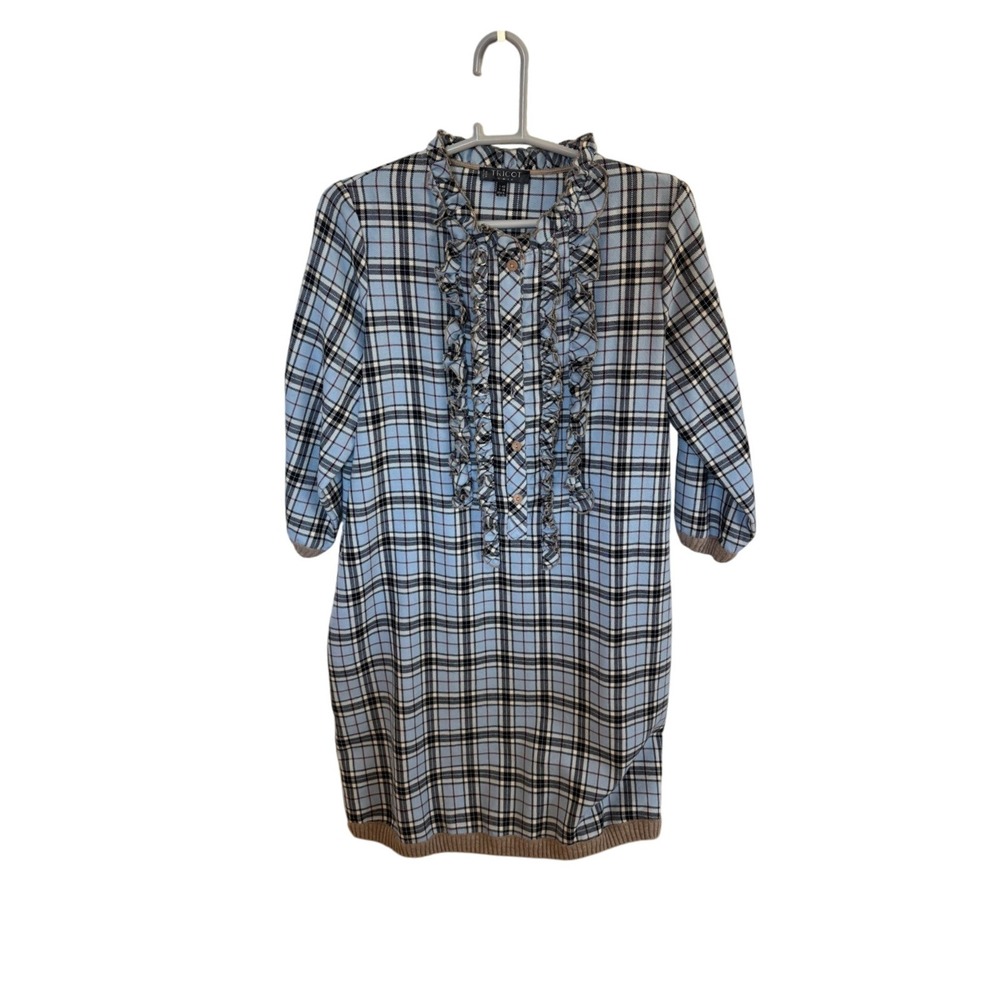 Tricot Chic Women's Plaid Print Dress Ruffle Neck Detail Italy Made‎